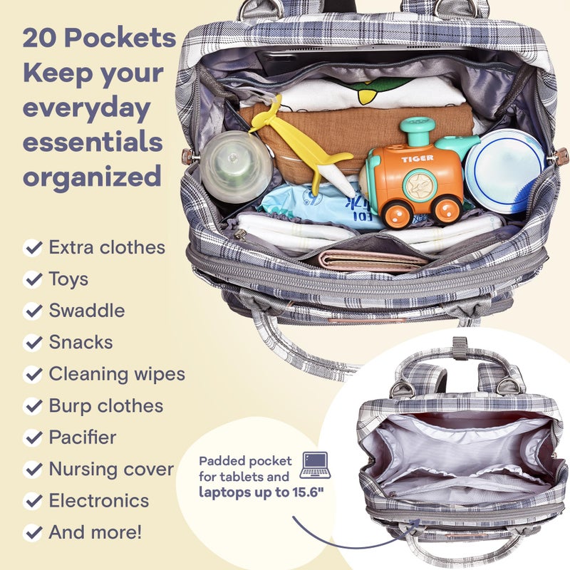 RUVALINO Diaper Bag Backpack, Multifunction Travel Pack Maternity Baby Changing Bags, Large Capacity, Waterproof, Blue Plaid - Image 5