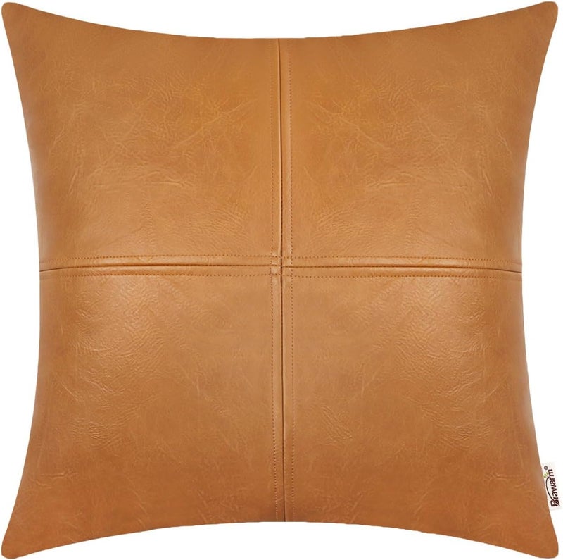 BRAWARM Decorative Throw Pillow Covers, Faux Leather Throw Pillow Covers, Hand Stitched Faux Leather Couch Cases for Living Room Garden Bed, Tan, 16 X 16 Inches - Image 1