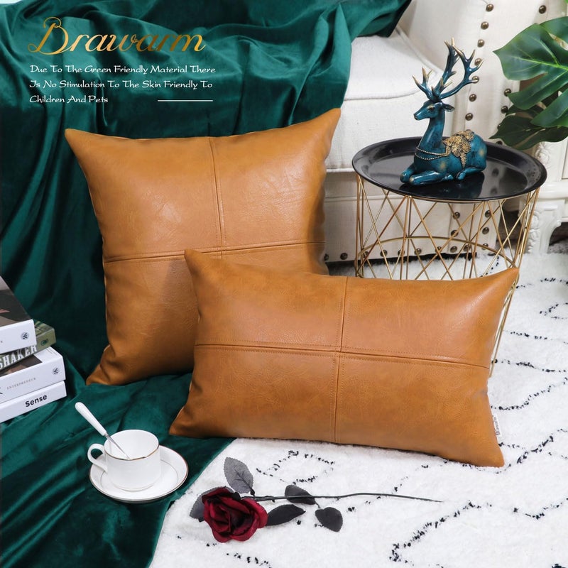 BRAWARM Decorative Throw Pillow Covers, Faux Leather Throw Pillow Covers, Hand Stitched Faux Leather Couch Cases for Living Room Garden Bed, Tan, 16 X 16 Inches - Image 4