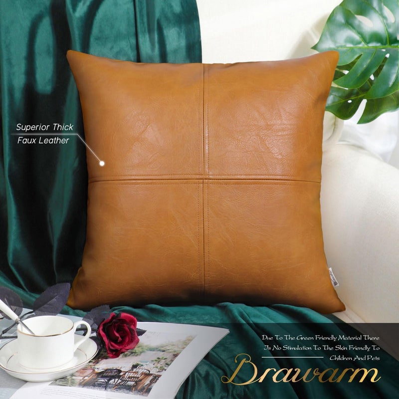 BRAWARM Decorative Throw Pillow Covers, Faux Leather Throw Pillow Covers, Hand Stitched Faux Leather Couch Cases for Living Room Garden Bed, Tan, 16 X 16 Inches - Image 2