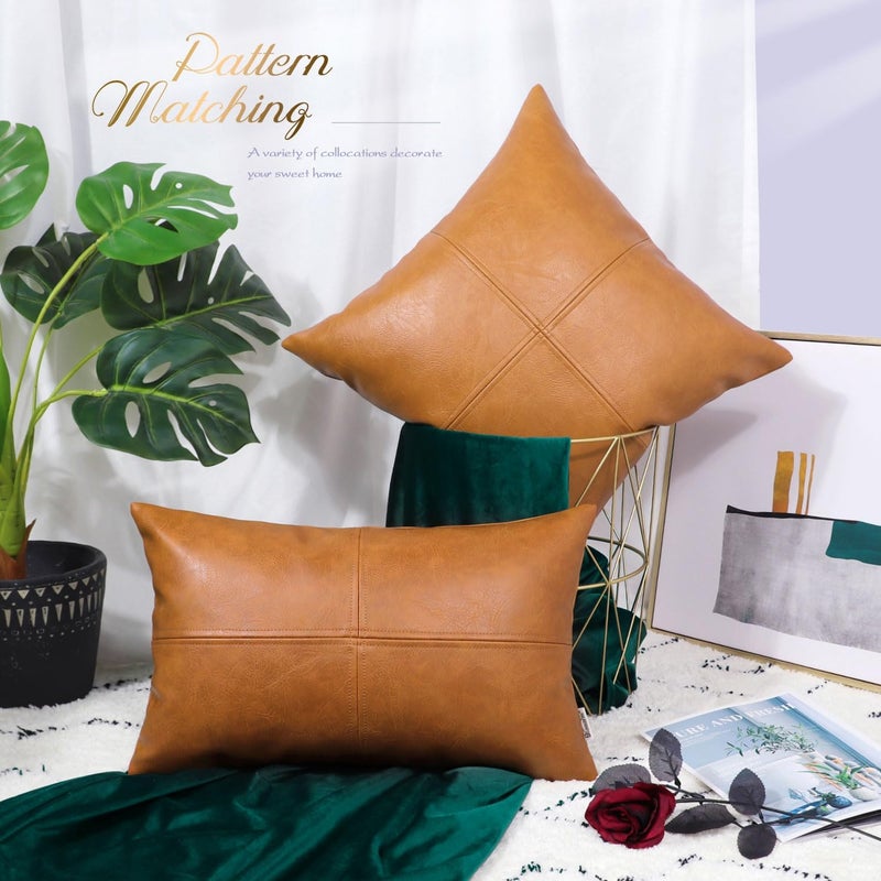 BRAWARM Decorative Throw Pillow Covers, Faux Leather Throw Pillow Covers, Hand Stitched Faux Leather Couch Cases for Living Room Garden Bed, Tan, 16 X 16 Inches - Image 3