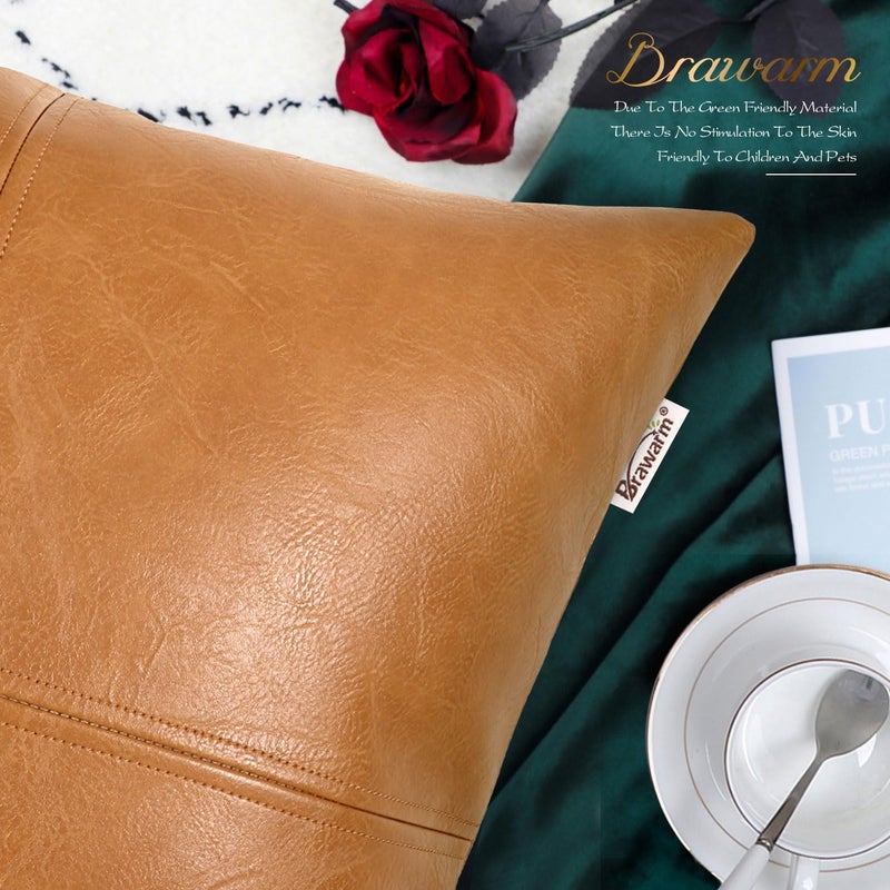 BRAWARM Decorative Throw Pillow Covers, Faux Leather Throw Pillow Covers, Hand Stitched Faux Leather Couch Cases for Living Room Garden Bed, Tan, 16 X 16 Inches - Image 5