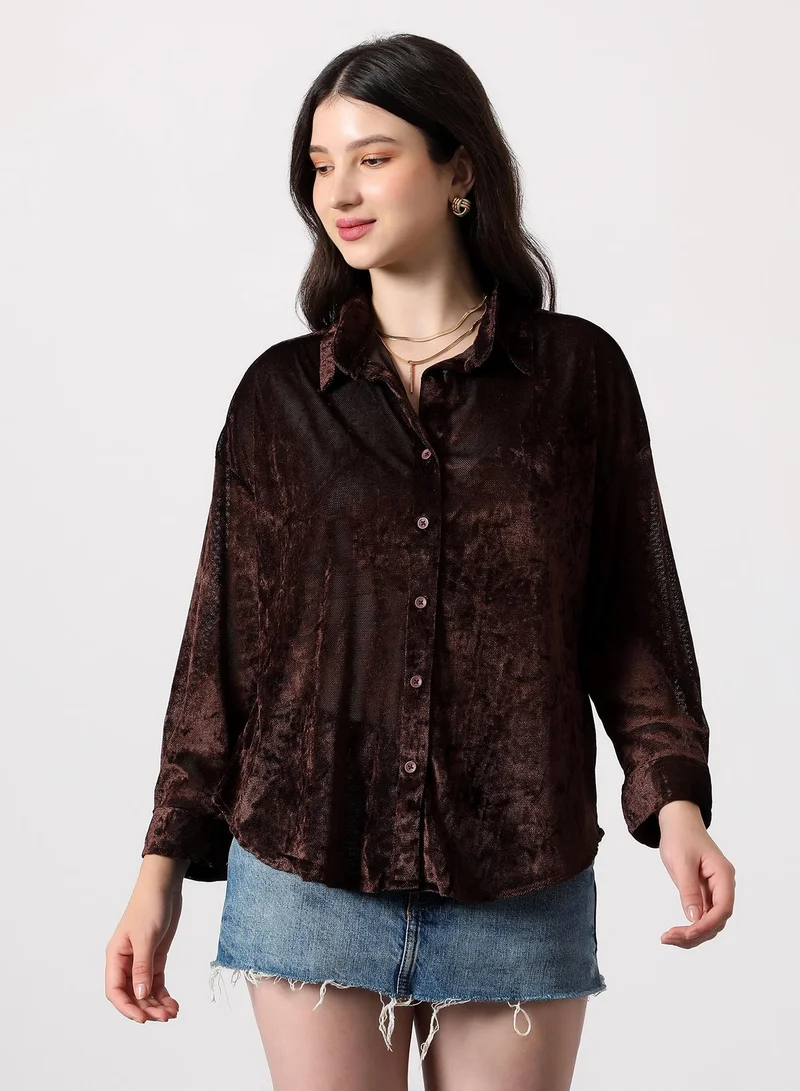 بينيا كولادا Women's Chocolate Brown Solid Velvet Oversized Shirt
