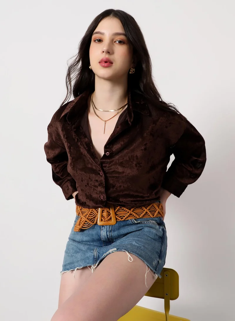 بينيا كولادا Women's Chocolate Brown Solid Velvet Oversized Shirt