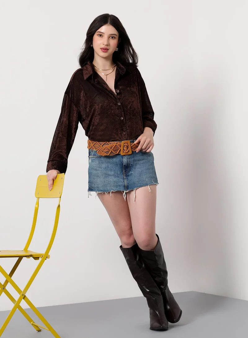 Pinacolada Women's Chocolate Brown Solid Velvet Oversized Shirt Women's Chocolate Brown Solid Velvet Oversized Shirt for Women | Best Price UAE