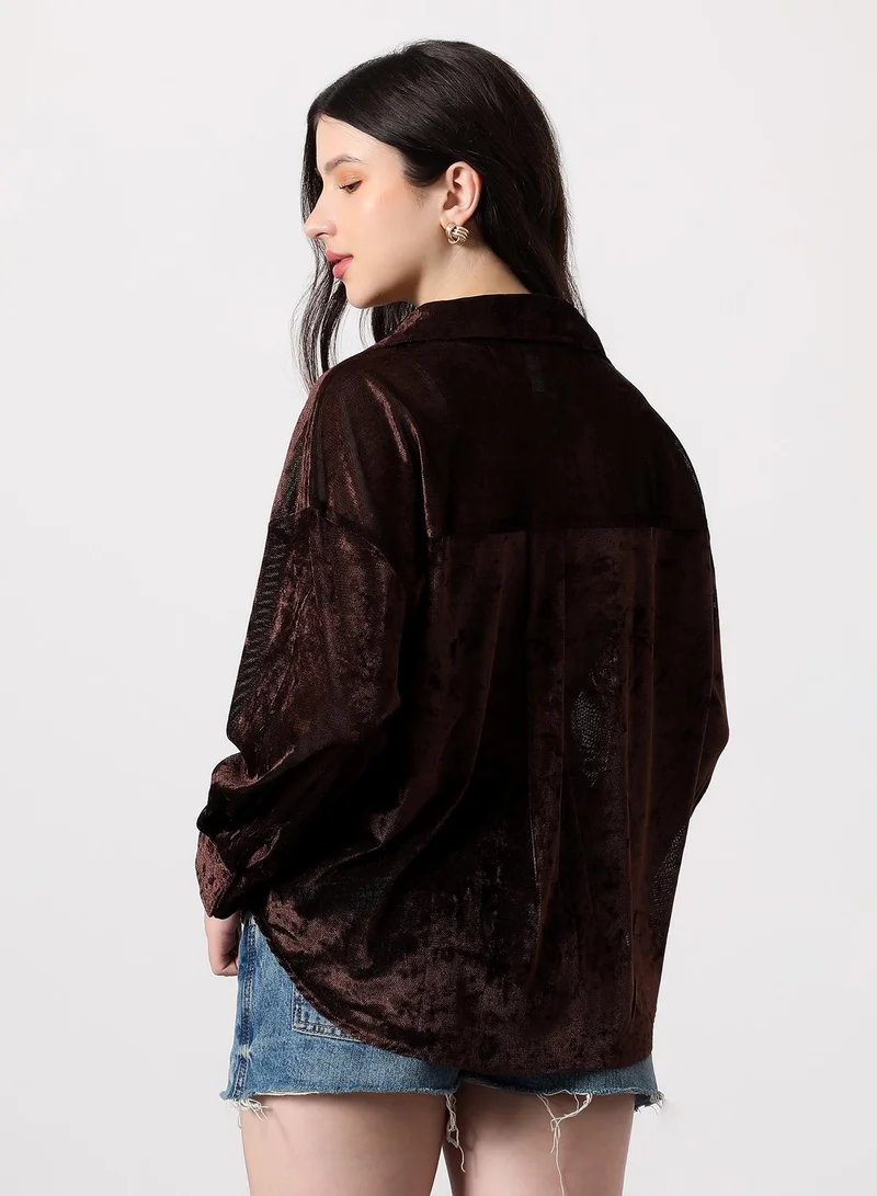 Pinacolada Women's Chocolate Brown Solid Velvet Oversized Shirt Women's Chocolate Brown Solid Velvet Oversized Shirt for Women | Best Price UAE
