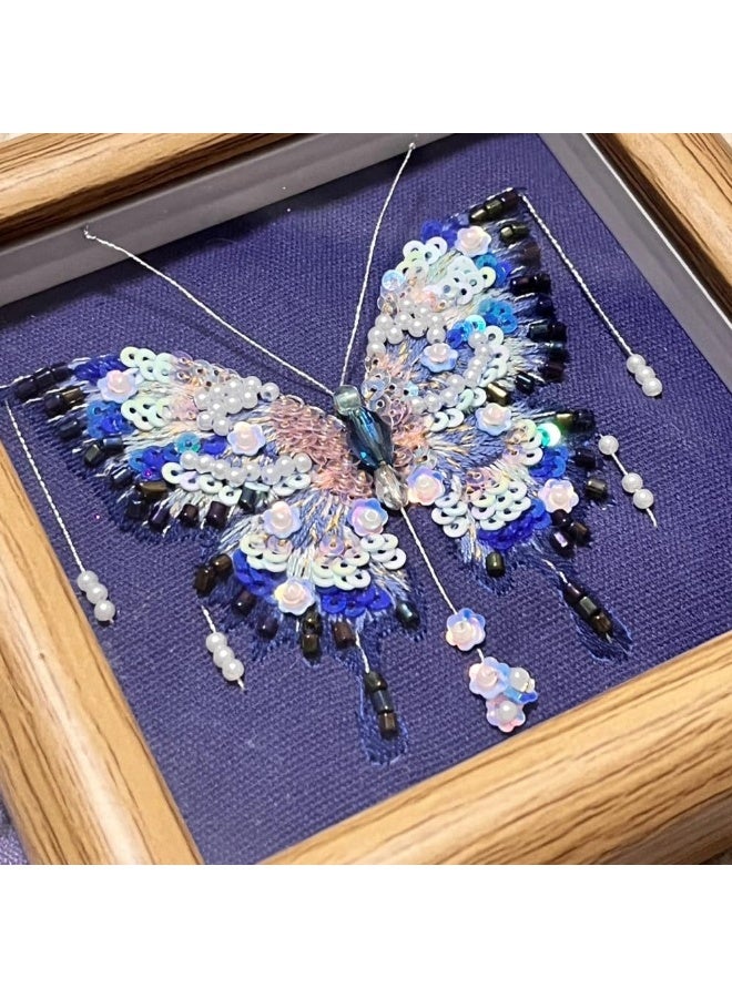 Bukela Butterfly Beaded Embroidery Kits with Frame, 3D Beadwork Craft Supplies, Beads Stitch Starter Kit for Beginners Adults with Full-Color Instruction Sheet, Butterflies with Pearls Pattern (Navy Blue) - Image 4