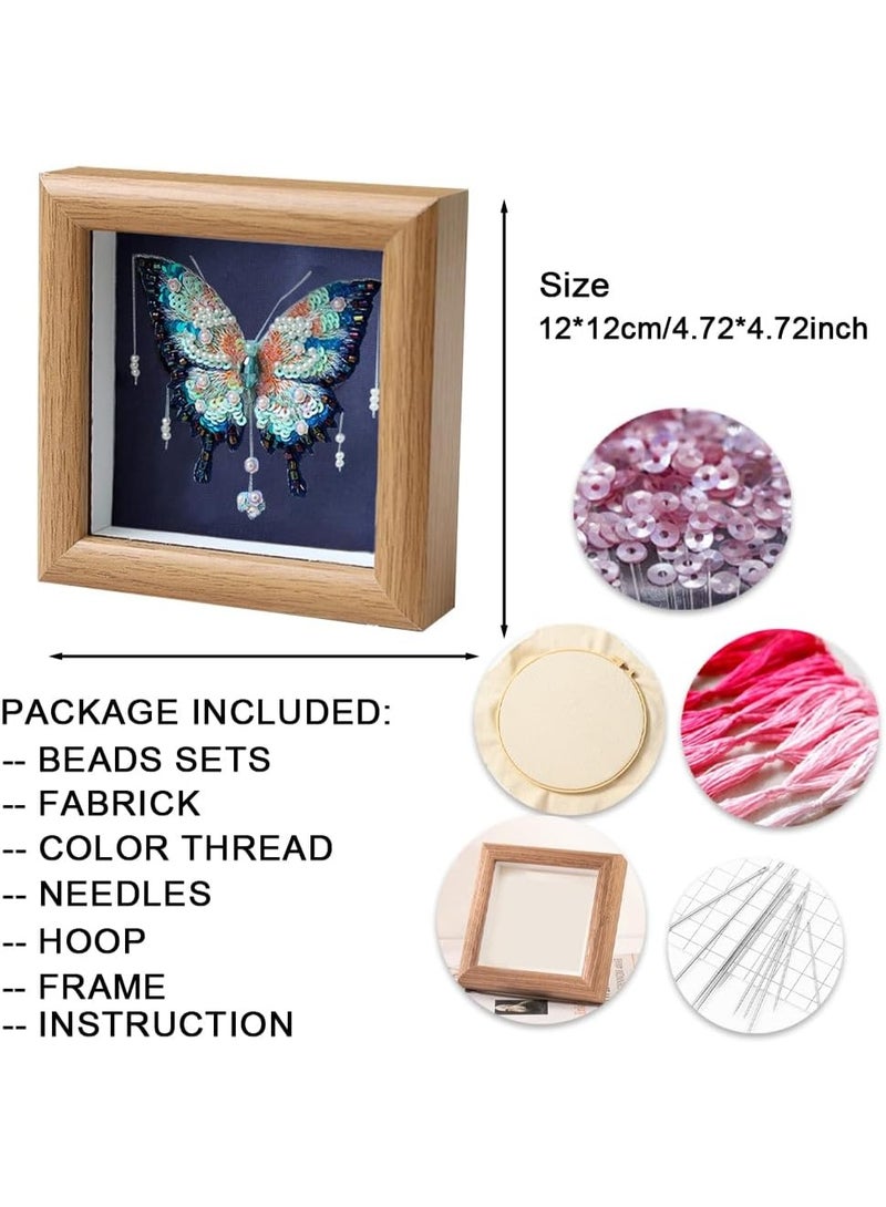 Bukela Butterfly Beaded Embroidery Kits with Frame, 3D Beadwork Craft Supplies, Beads Stitch Starter Kit for Beginners Adults with Full-Color Instruction Sheet, Butterflies with Pearls Pattern (Navy Blue) - Image 3