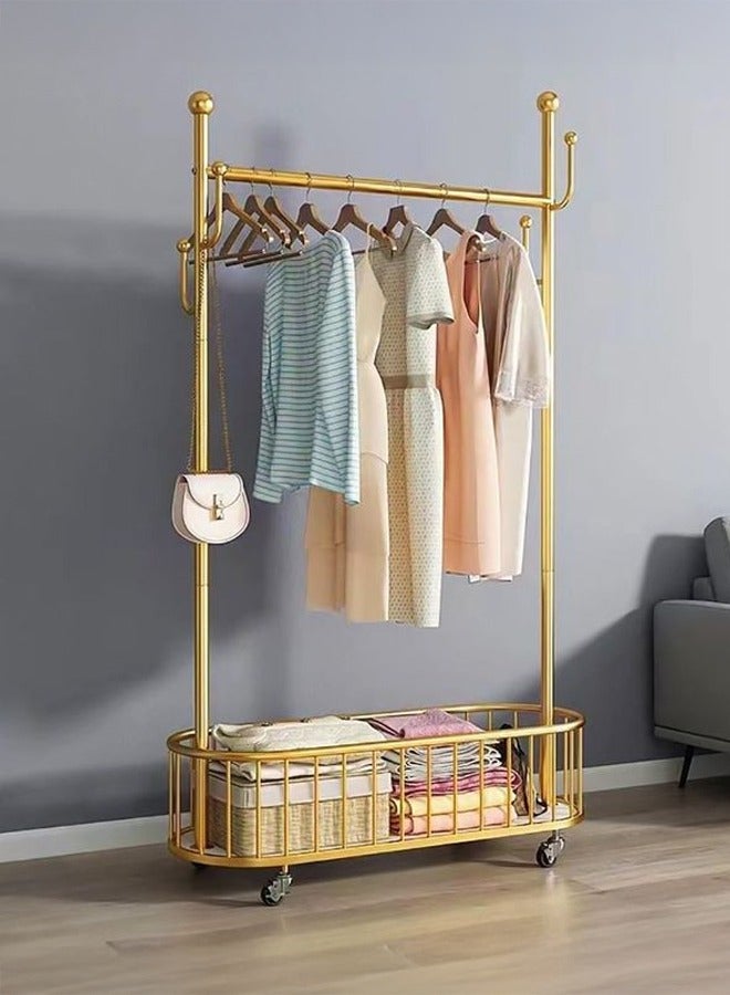 كادي ون منظم علاقة ملابس معدن وحامل ملابس ذهبي بعجلات 100x32x170 سم, شماعة ملابس معدنية شديدة التحمل مع خطافات لتعليق الملابس والمعاطف مع سلة تخزين سفلية لغرفة النوم - Image 1