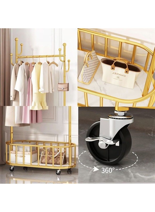 كادي ون منظم علاقة ملابس معدن وحامل ملابس ذهبي بعجلات 100x32x170 سم, شماعة ملابس معدنية شديدة التحمل مع خطافات لتعليق الملابس والمعاطف مع سلة تخزين سفلية لغرفة النوم - Image 2