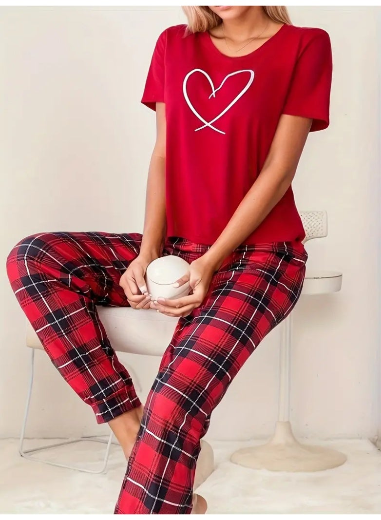 Women's Red Heart Graphic Pajama Set, Short Sleeve Top & Plaid Pants, Sleepwear - Image 3