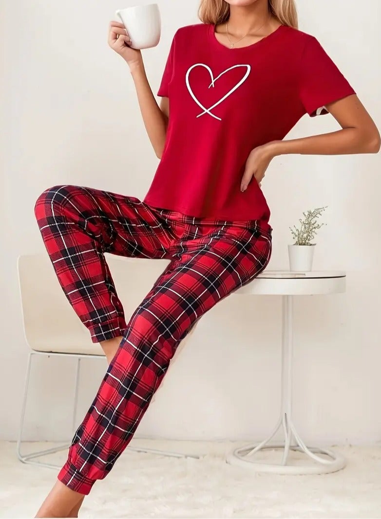Women's Red Heart Graphic Pajama Set, Short Sleeve Top & Plaid Pants, Sleepwear - Image 1