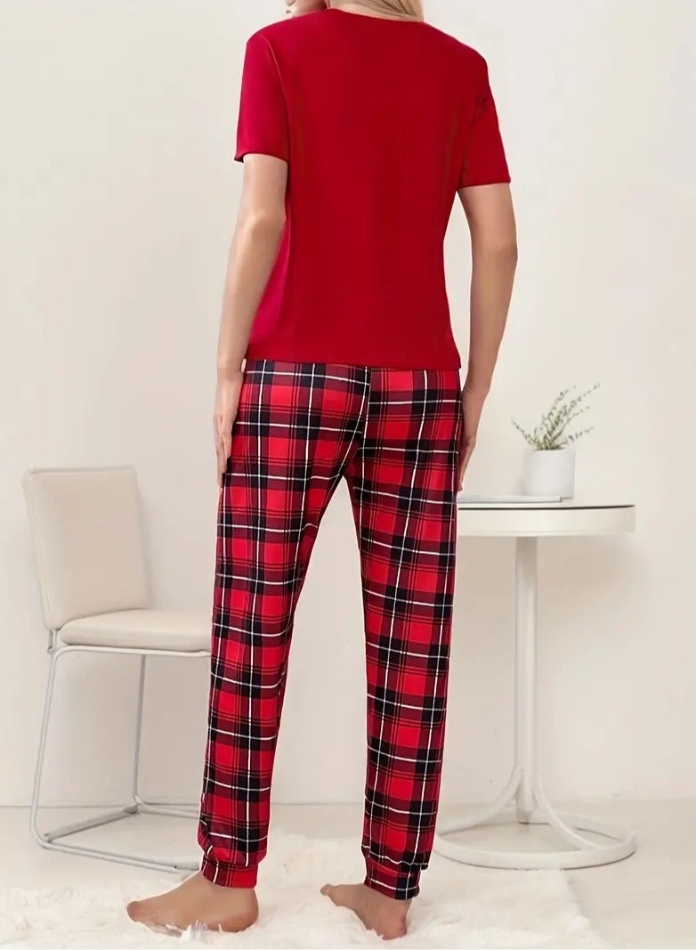 Women's Red Heart Graphic Pajama Set, Short Sleeve Top & Plaid Pants, Sleepwear - Image 2