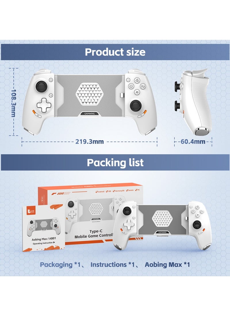 Professional Stretch Gamepad Aobing Max Type-C Wired & Bluetooth Gaming Controller compatible with Android iOS PC Switch Steam Xbox PS with Hall Joysticks Hall Trigger Turbo White