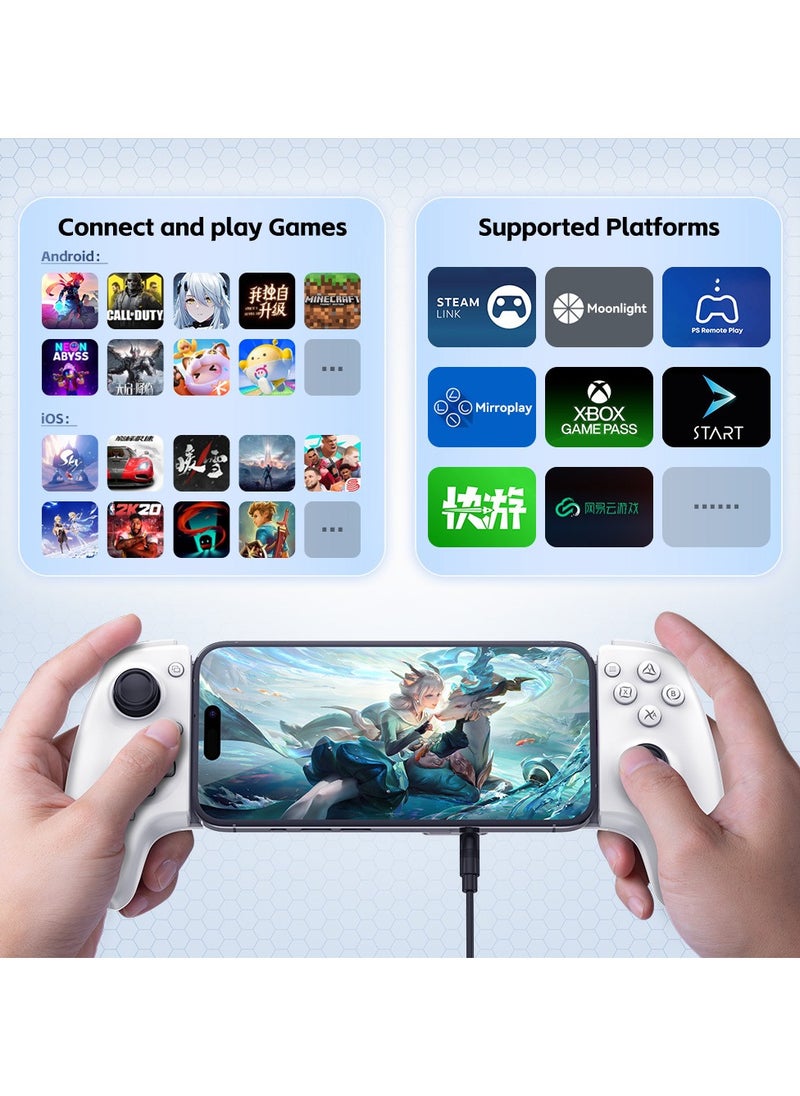 Professional Stretch Gamepad Aobing Max Type-C Wired & Bluetooth Gaming Controller compatible with Android iOS PC Switch Steam Xbox PS with Hall Joysticks Hall Trigger Turbo White