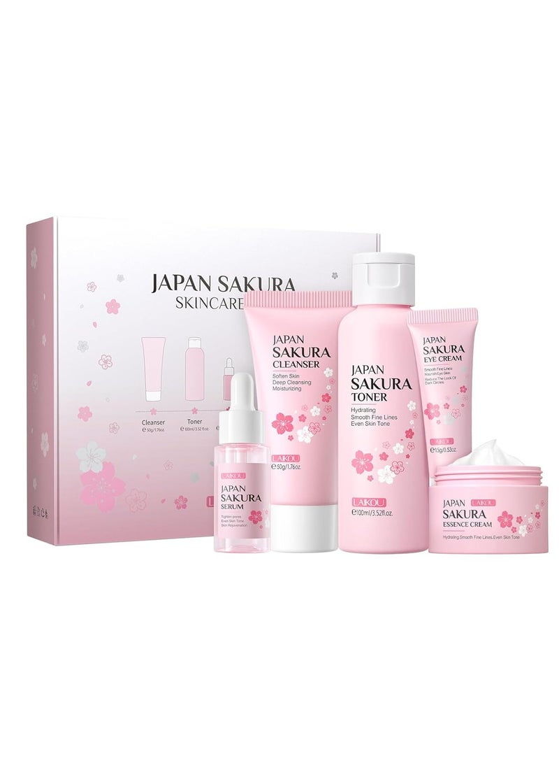 SAKURA Laikou Japan Sakura Skincare Set | Cleanser, Toner, Serum, Eye Cream & Essence Cream for Hydrated & Radiant Skin