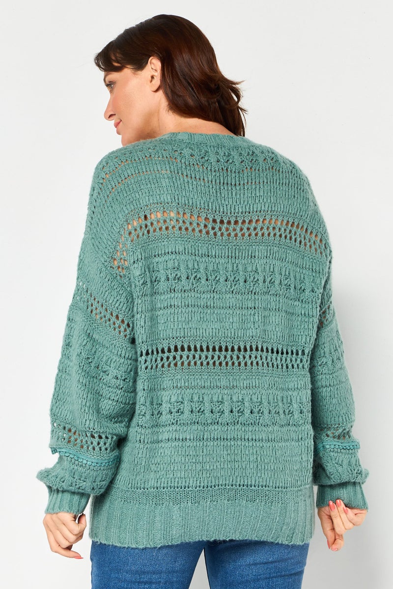 SALSA Women Crew Neck Crochet Sweater, Green - Image 4