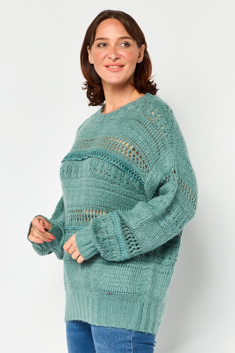SALSA Women Crew Neck Crochet Sweater, Green - Image 3