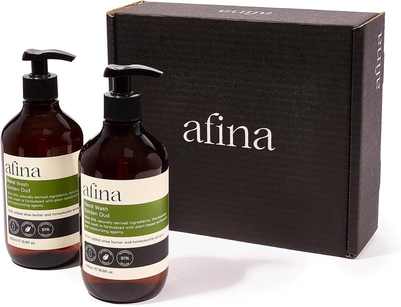 Afina Golden Oud Luxury Hand Wash 500mlx2 Hand Soap Bottle Sensual Blend of Spicy Creamy Floral Notes Backed With Warm Ambery Woody Undertones Vegan Friendly Handwash UK Produced