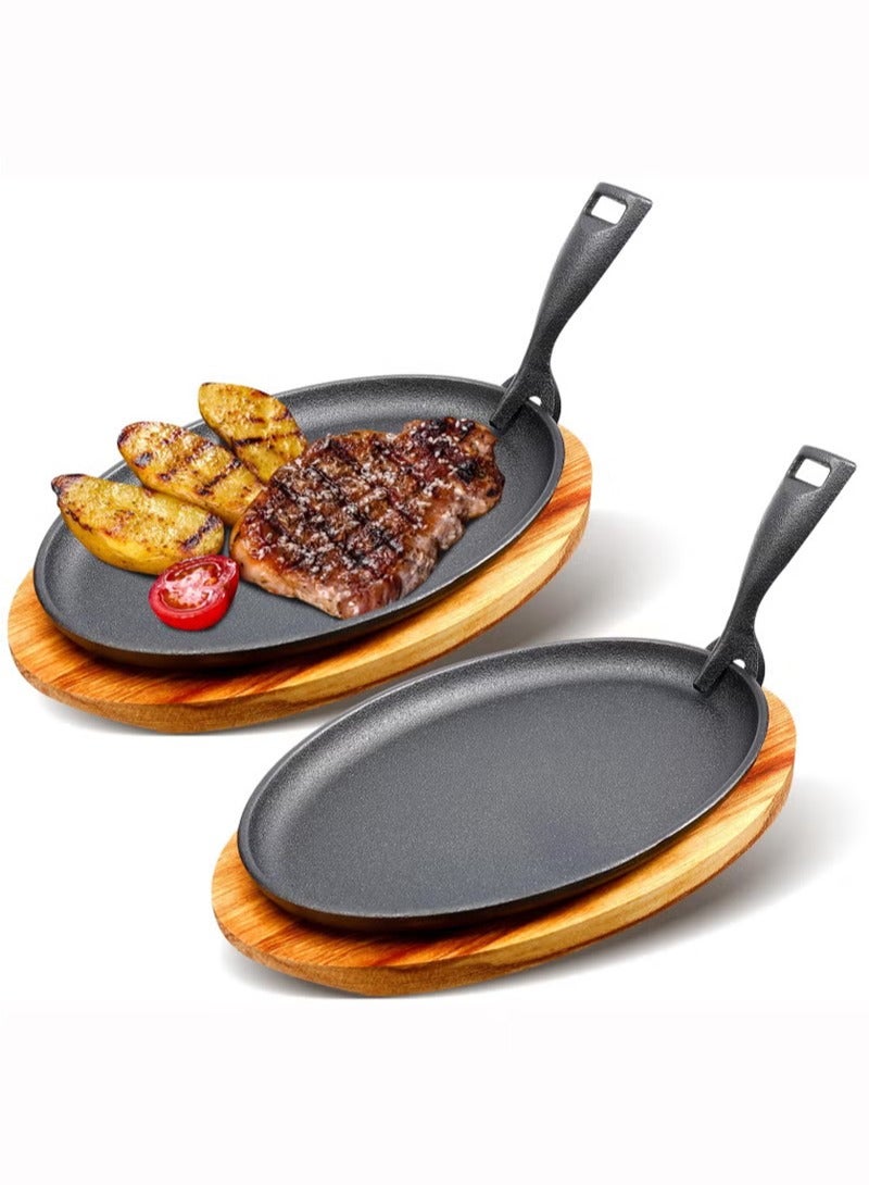 WALALLA 2 Sets Cast Iron Skillet Set, Fajita Plate Sizzling Pan with Wooden Base Anti Scald Protection Removable Handle for Restaurant Kitchen Cooking Accessory BBQ Party - Image 1
