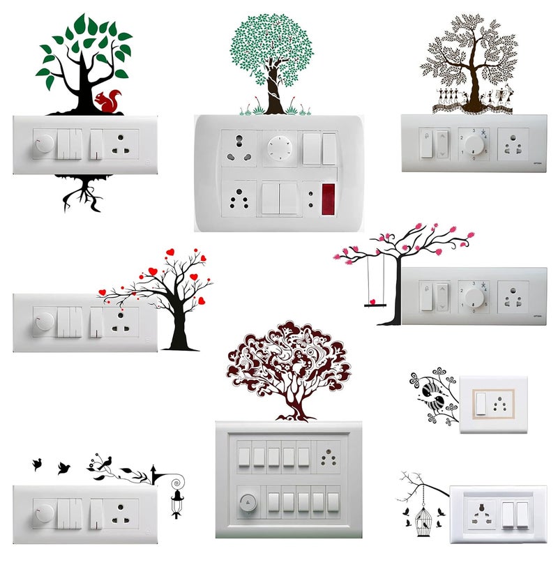 WallDesign Tree & Leaves Vinyl Switchboard Sticker ( Multicolour , Set of 9 ), Botanical - Image 1