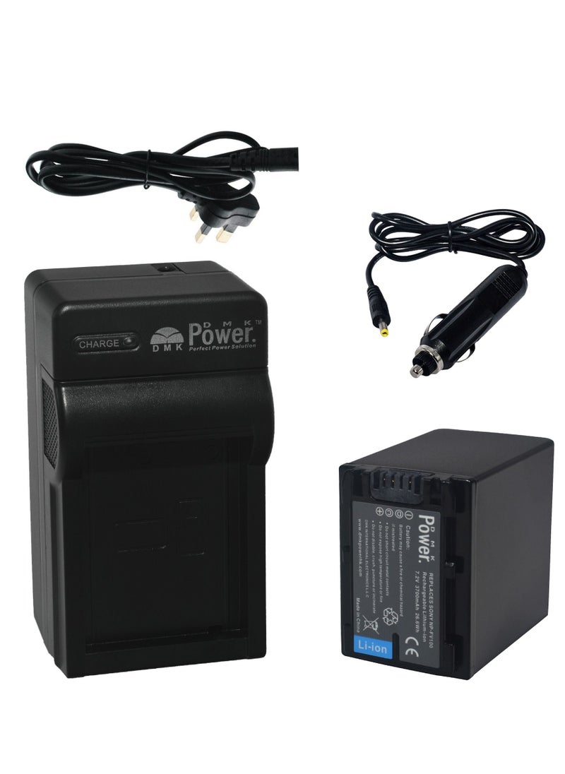 DMK Power - DMK Power NP-FV100 3700mAh battery and TC600C Battery Charger Includes Car Fitting Cable Compatible with Sony HDR-CX150 HDR-CX150V DCRSX44R DCRSX44L XR550E XR350E XR150E.etc - Image 1