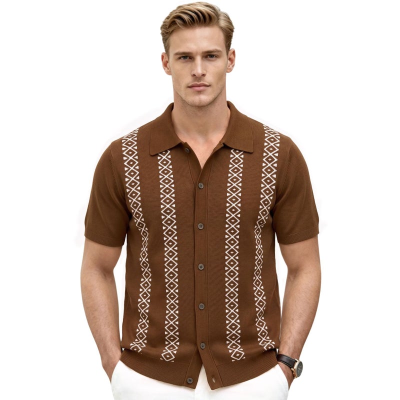 Men's Striped Jacquard Knit Polo Shirt - Image 1