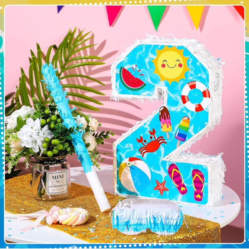 Jexine 3 Pcs 16 Inch Summer Number 2 Pinata Small Summer Beach Piata Number Two Piata with Blindfold Bat Confetti for Boy Beach Ball Theme 2nd Birthday Party Celebration Party Supply Summer Beach - Image 3