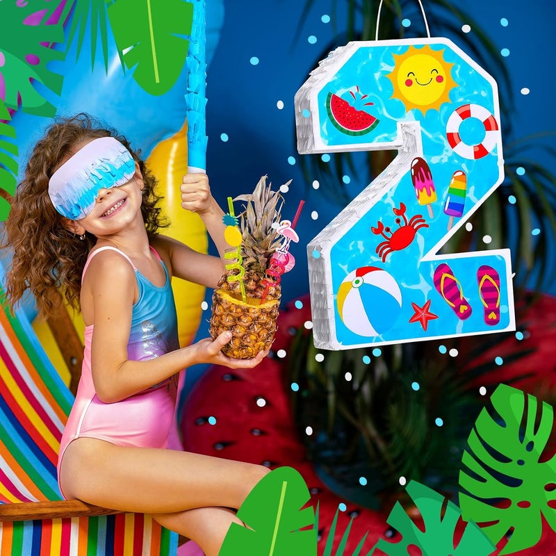 Jexine 3 Pcs 16 Inch Summer Number 2 Pinata Small Summer Beach Piata Number Two Piata with Blindfold Bat Confetti for Boy Beach Ball Theme 2nd Birthday Party Celebration Party Supply Summer Beach - Image 5