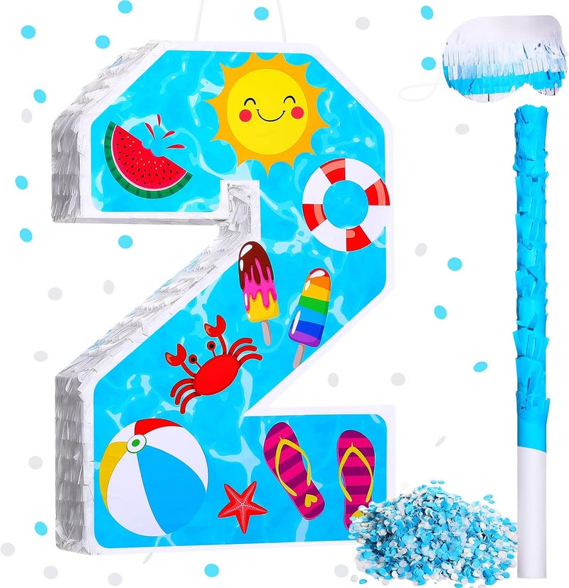 Jexine 3 Pcs 16 Inch Summer Number 2 Pinata Small Summer Beach Piata Number Two Piata with Blindfold Bat Confetti for Boy Beach Ball Theme 2nd Birthday Party Celebration Party Supply Summer Beach - Image 1
