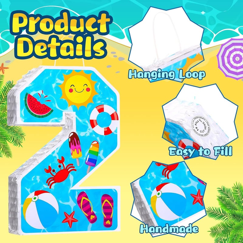 Jexine 3 Pcs 16 Inch Summer Number 2 Pinata Small Summer Beach Piata Number Two Piata with Blindfold Bat Confetti for Boy Beach Ball Theme 2nd Birthday Party Celebration Party Supply Summer Beach - Image 4