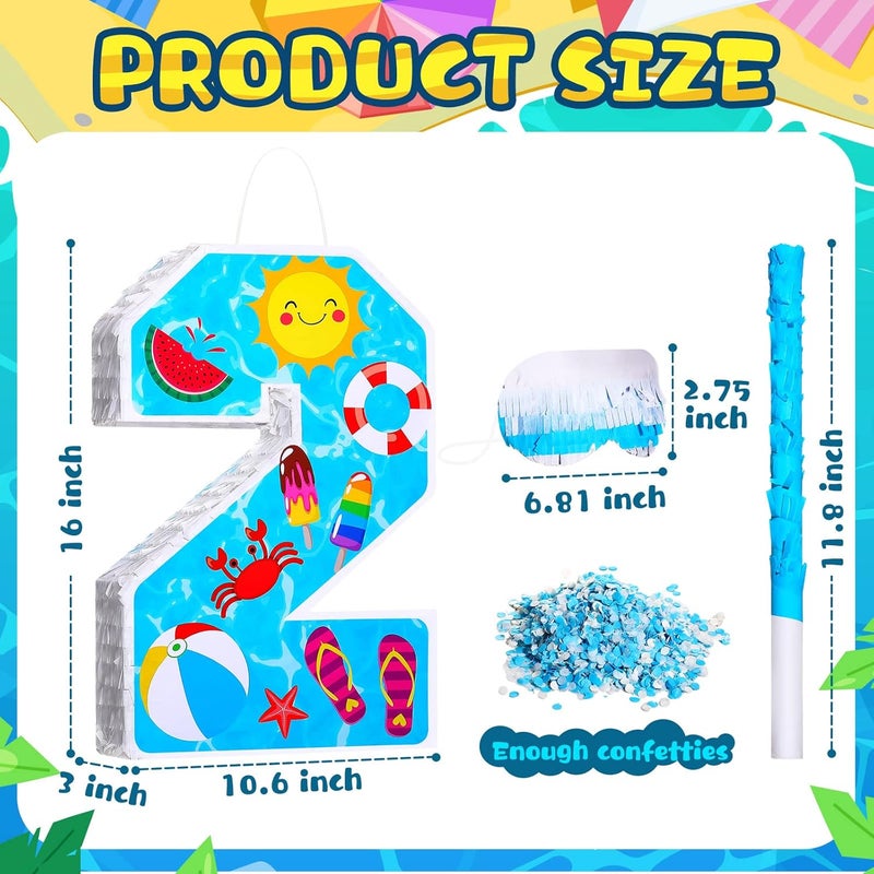 Jexine 3 Pcs 16 Inch Summer Number 2 Pinata Small Summer Beach Piata Number Two Piata with Blindfold Bat Confetti for Boy Beach Ball Theme 2nd Birthday Party Celebration Party Supply Summer Beach - Image 2