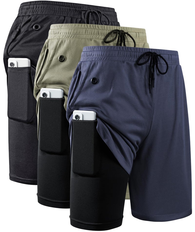 JWJ 3 Pack Men's 2 in 1 Workout Running Shorts 7 Inch Lightweight Athletic Gym Shorts with Compression Liner Black Army Navy L - Image 1