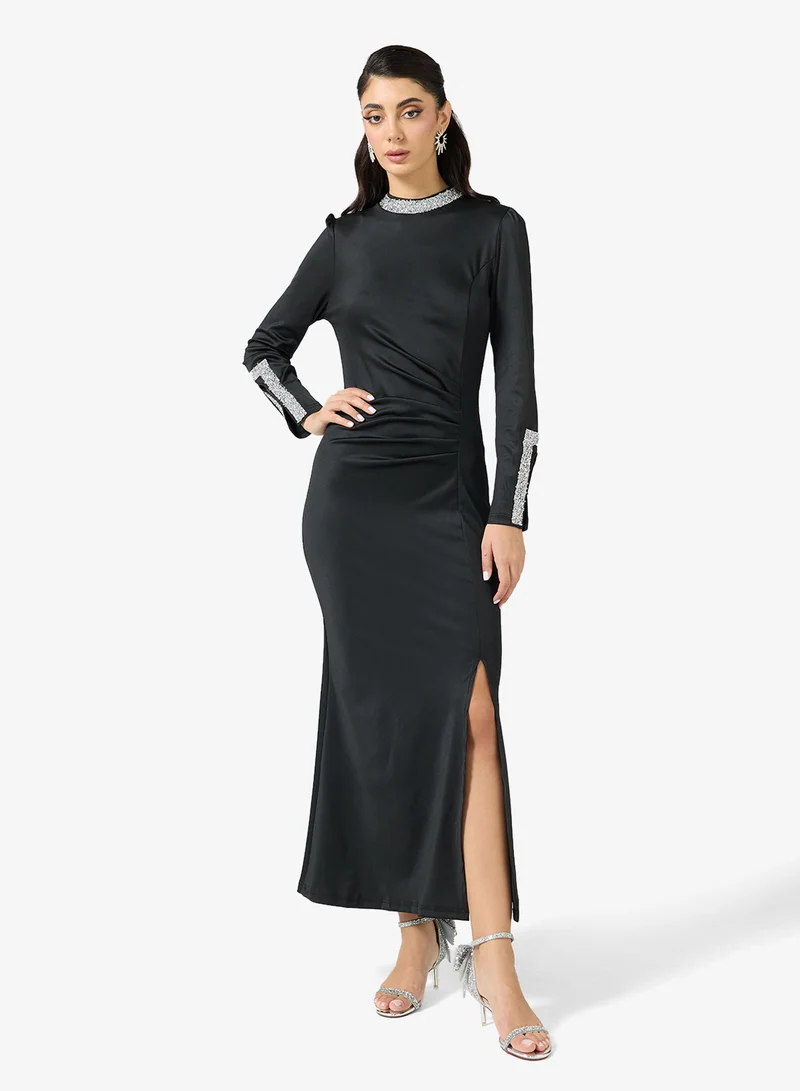 Velour Shift Dress With Embellished Neck