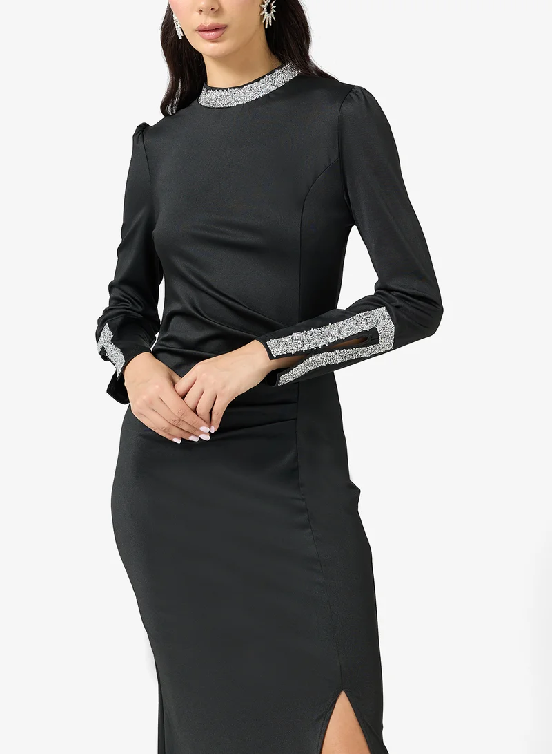 Ella Limited Edition  Velour Shift Dress With Embellished Neck for Women | Best Price UAE