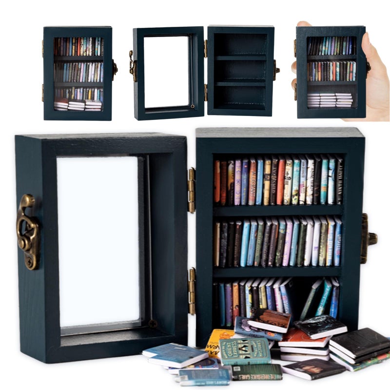 TABTAG Anxiety Bookshelf Mini Book Micro Display Stand a Miniature Library Equipped with 60 Mini - Books is an Ideal Decorative Gift for Book Enthusiasts (Blue) - Image 1