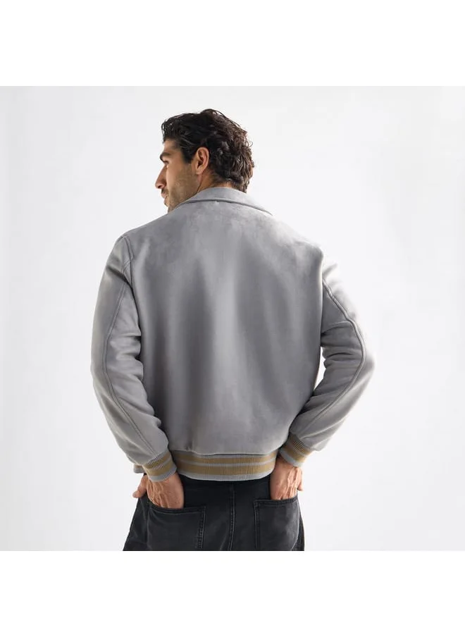 FAV Striped Collared Varsity Jacket with Long Sleeves and Button Closure