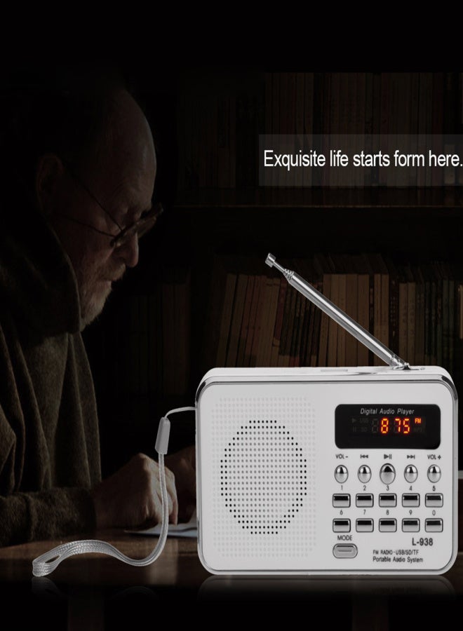 راديو FM صغير محمول رقمي L-938، مكبر صوت ستيريو 3 واط، مشغل MP3، جودة صوت عالية الدقة، شاشة عرض 1.5 بوصة، يدعم ذاكرة USB، بطاقة TF، بطاقة SD، بطاقة MMC، مدخل AUX، مخرج سماعة أذن - Image 3
