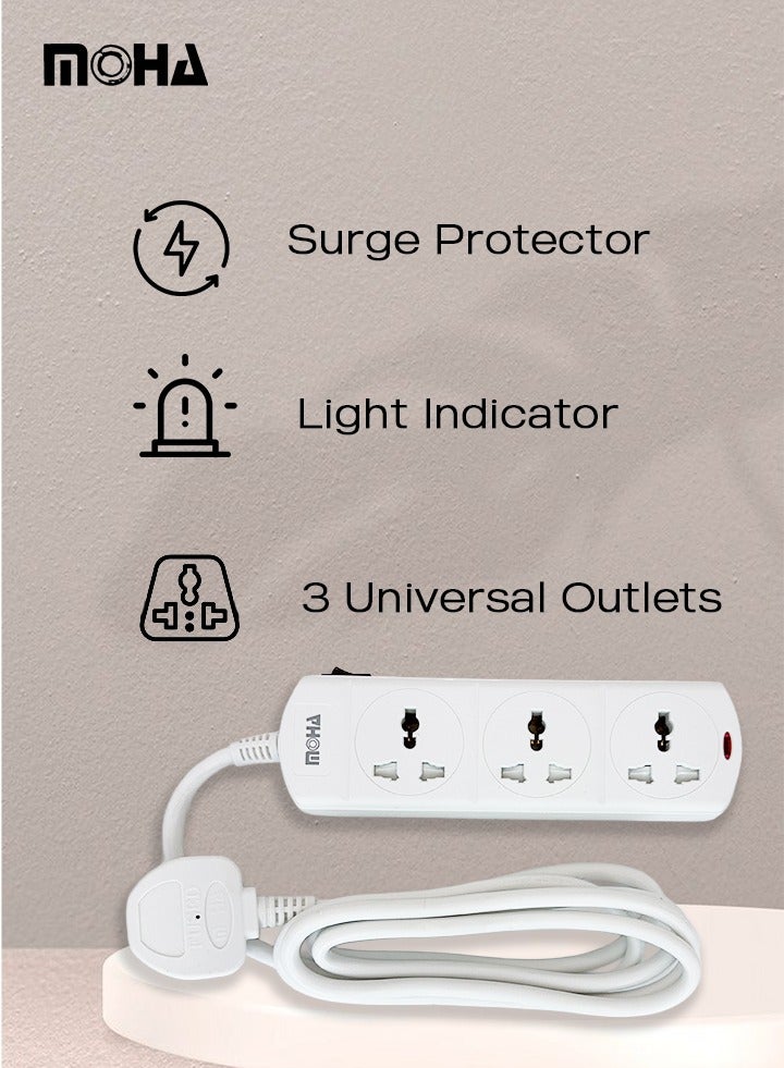 Moha 3-Way Universal Extension Socket – 3 Meter Cable, Single On/Off Switch, Type G UK Plug, 13A 3250W Max, Child-Safe Power Strip for Home & Office - Image 2