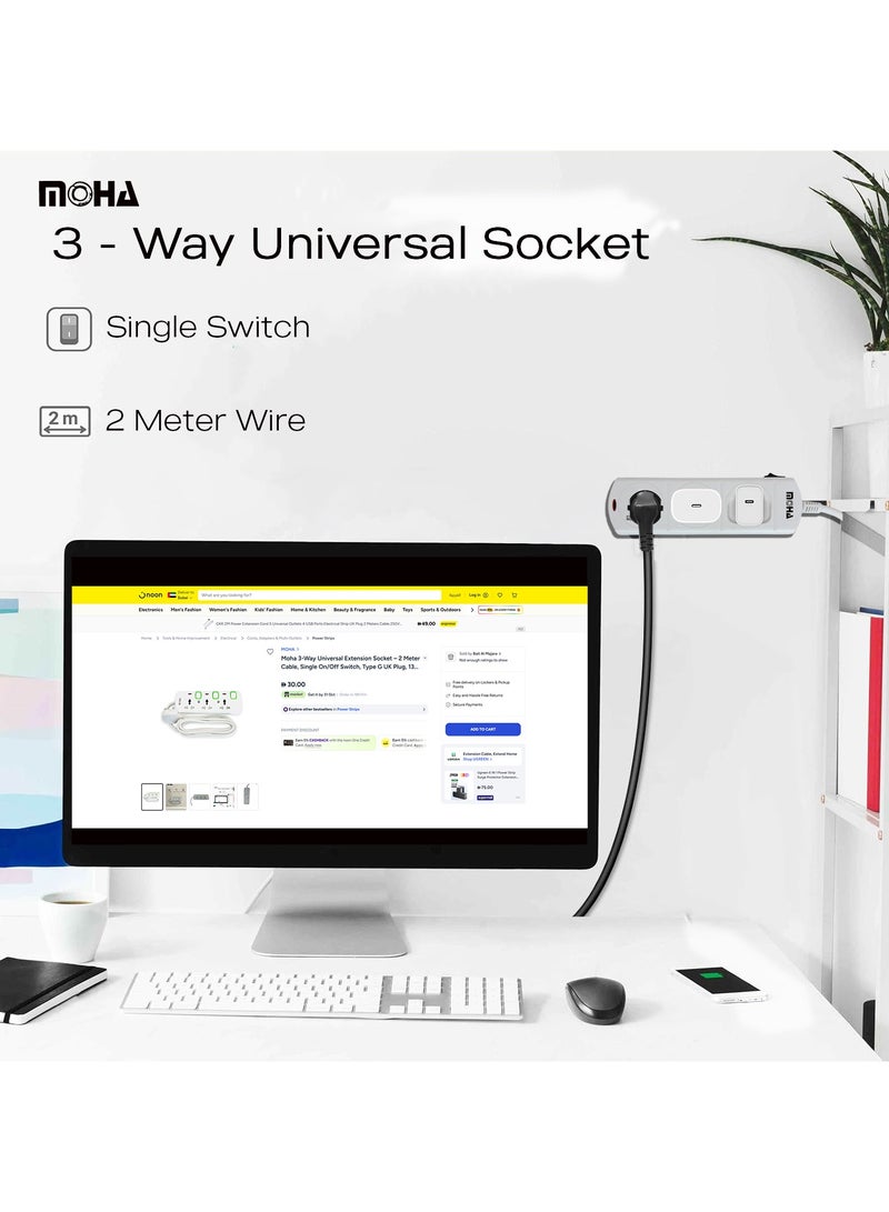 Moha 3-Way Universal Extension Socket – 3 Meter Cable, Single On/Off Switch, Type G UK Plug, 13A 3250W Max, Child-Safe Power Strip for Home & Office - Image 5