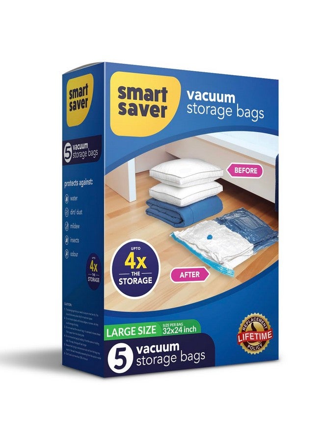 Smart Saver Polyethylene 5 Pack Large (NO HANDPUMP INCLUDED) Size Reusable Ziplock Vacuum Storage Space Saver Bags for Clothes,Blankets,Quilts,Home Organising,under bed Storage solutions,Transparent - Image 1
