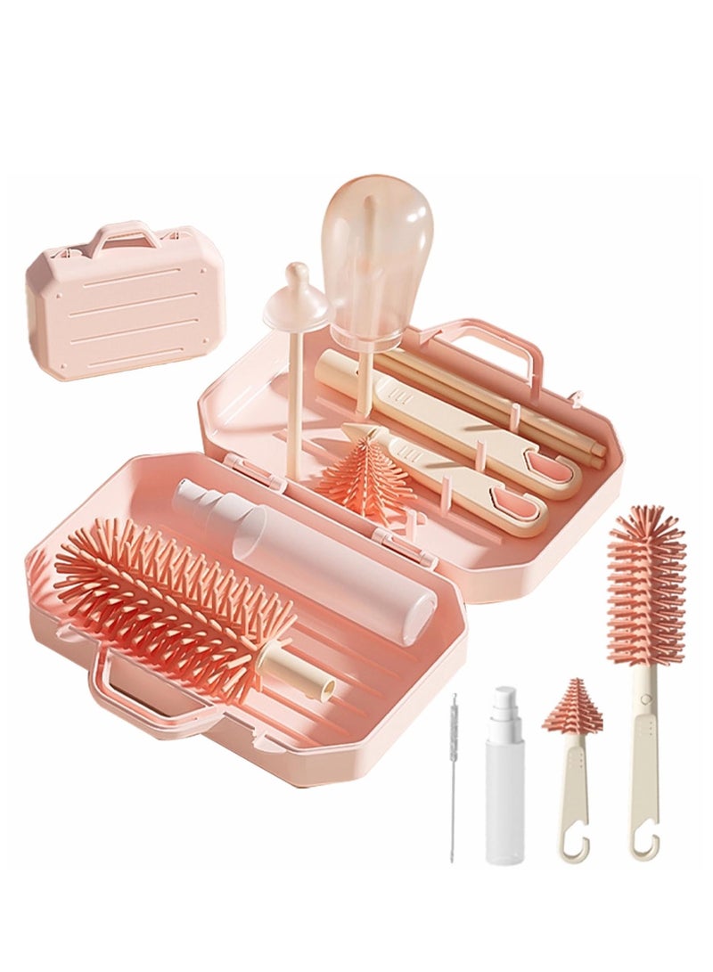 SOLARAE Bottle Brush Set, Baby Travel Essential, 6 in 1 Bottle Cleaner Kit with Silicone Bottle Brush, Nipple Cleaner Brush, Straw Brush, Soap Dispenser, Storage Box,Bottle Drying Rack for Home and Travel - Image 1