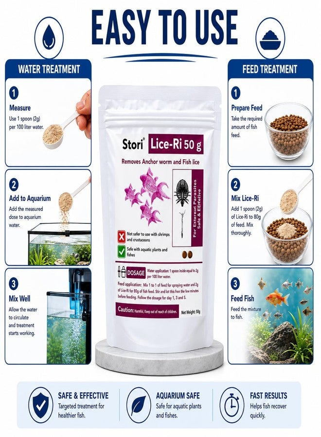 VAYINATO Stori Lice-Ri 50g | Removes & Controls Anchor Worm and Fish Lice | Aquarium Parasite Treatment for Freshwater & Tropical Fish | Easy Water & Feed Application - Image 3