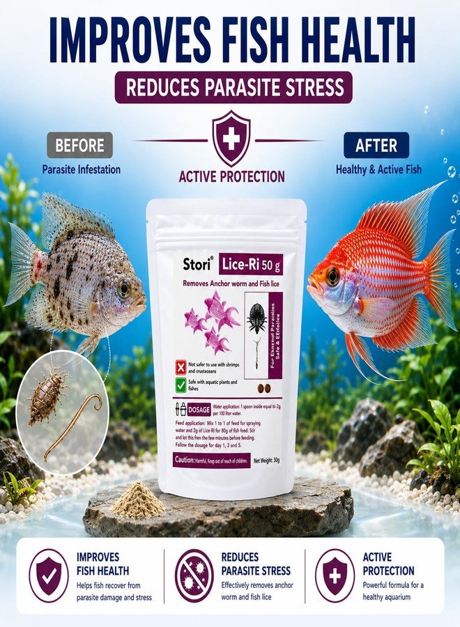 VAYINATO Stori Lice-Ri 50g | Removes & Controls Anchor Worm and Fish Lice | Aquarium Parasite Treatment for Freshwater & Tropical Fish | Easy Water & Feed Application - Image 5