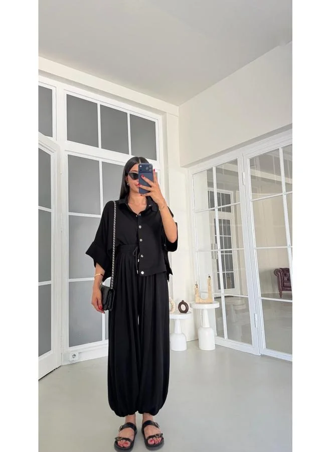 Black Bat‑sleeve Snap‑Button Jacket with Elastic‑waist Palazzo Pants, Two‑piece Modal Set GAUS-01835.