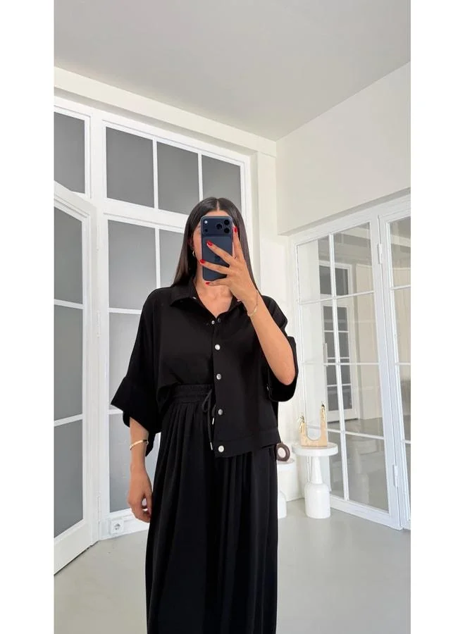 Gaus  Black Bat‑sleeve Snap‑Button Jacket with Elastic‑waist Palazzo Pants, Two‑piece Modal Set GAUS-01835. for Women | Best Price UAE