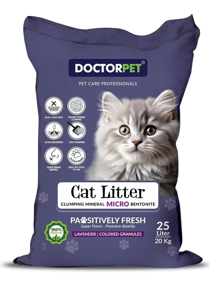 DOCTERPET Doctor Pet Lavender Scented Clumping Cat Litter 25L – 100% Clumping Micro Bentonite, Instant Strong Clumping, Ultra Absorbent, Dust-Free, Lavender Fragrance, Pet Safe - Image 1