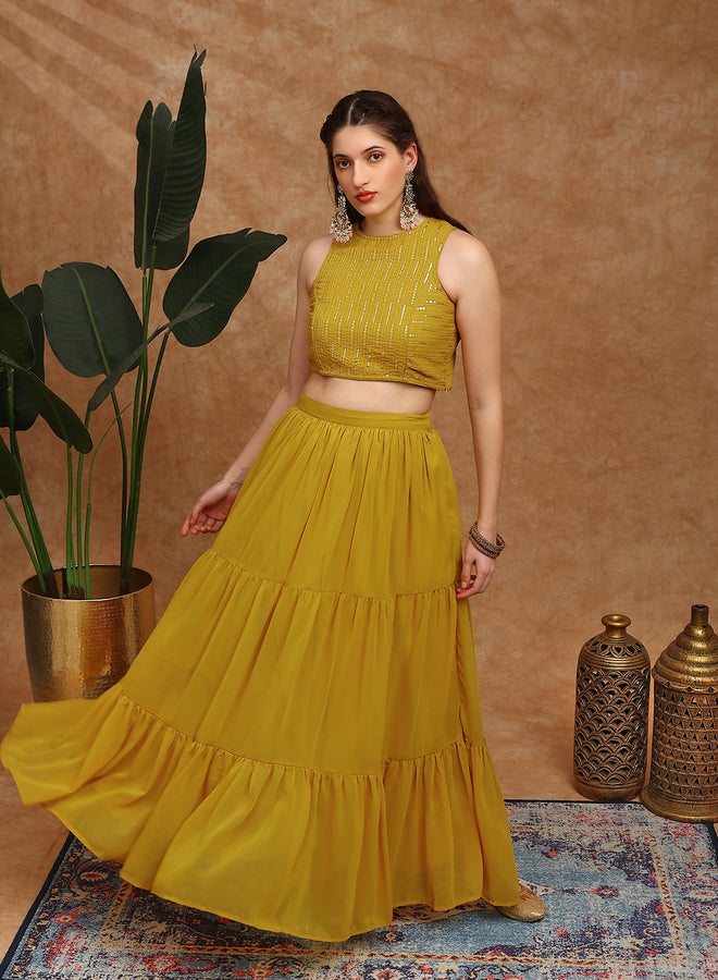 globus Women Sequined Georgette Crop Top and Tiered Skirt Fusion Co-Ords - Image 1