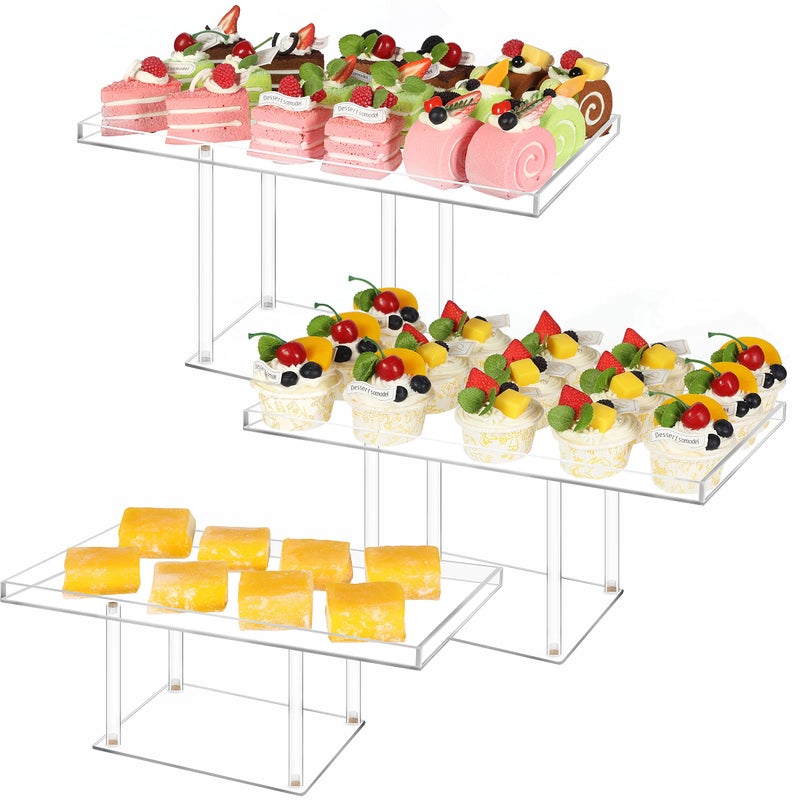 3 Pack Dessert Table Display Set Clear Acrylic Dessert Stands Buffet Risers for Cupcakes Dessert Pastry Food Treat Tier Cookie Dessert Platter Serving Trays Stand for Wedding Birthday Party