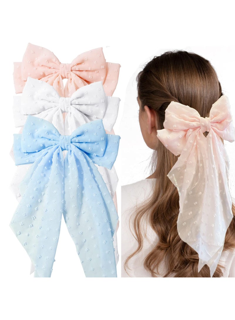 3 Pieces Large Hair Bows with Long Tail for Women and Girls - Big Plain Color Bowknot Barrettes in Bright Colors - Image 1